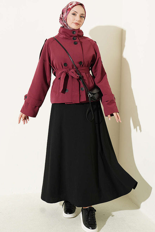 Kort Trenchcoat Met Dubbele Knopen En Riem In Kersenkleur