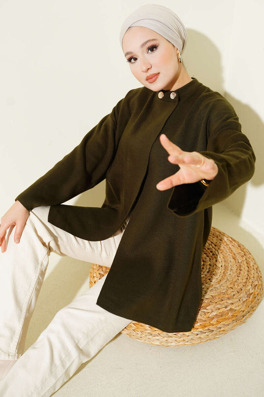 Çift Düğmeli Triko Panço Haki