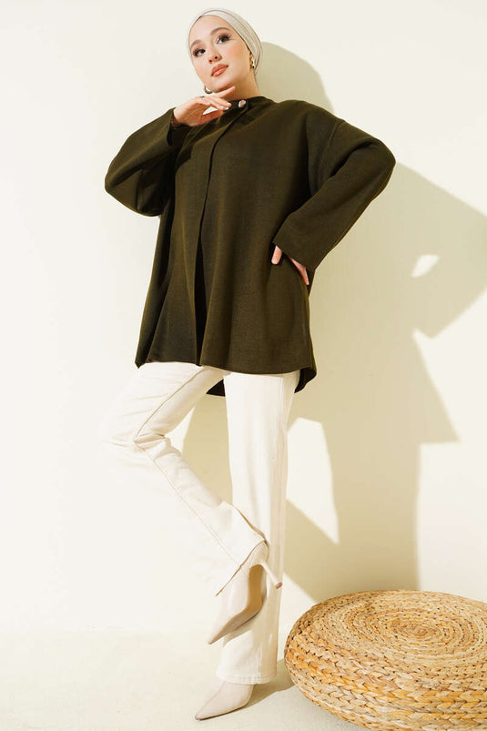 Çift Düğmeli Triko Panço Haki