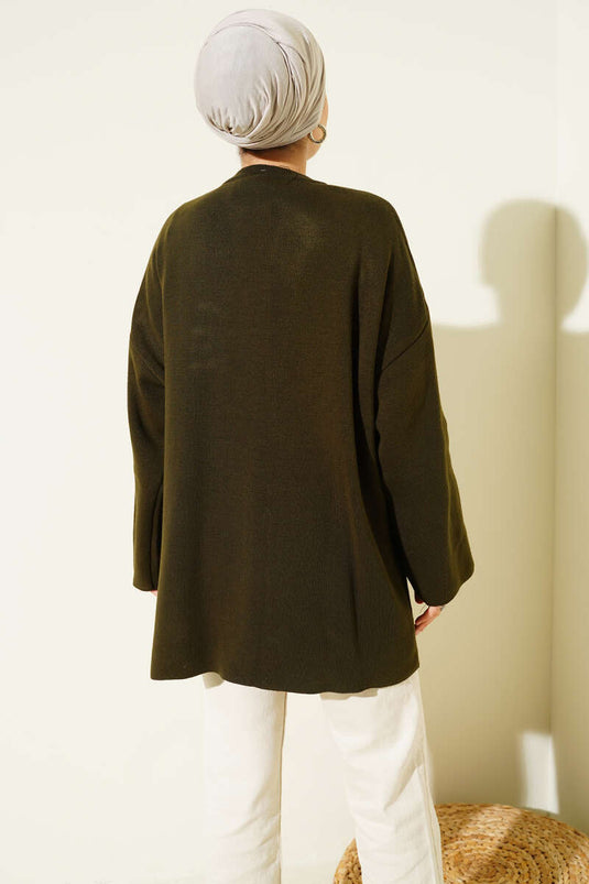 Çift Düğmeli Triko Panço Haki