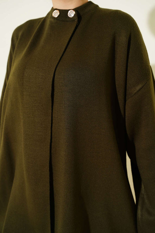 Çift Düğmeli Triko Panço Haki