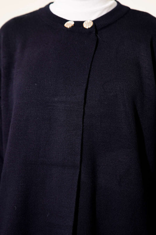 Double Button Knit Cape In Navy Blue