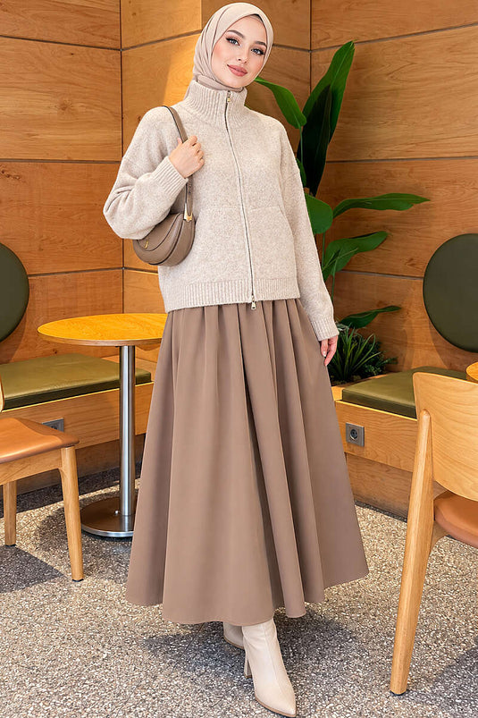 Beige Double Zipper V-Neck Knit Cardigan