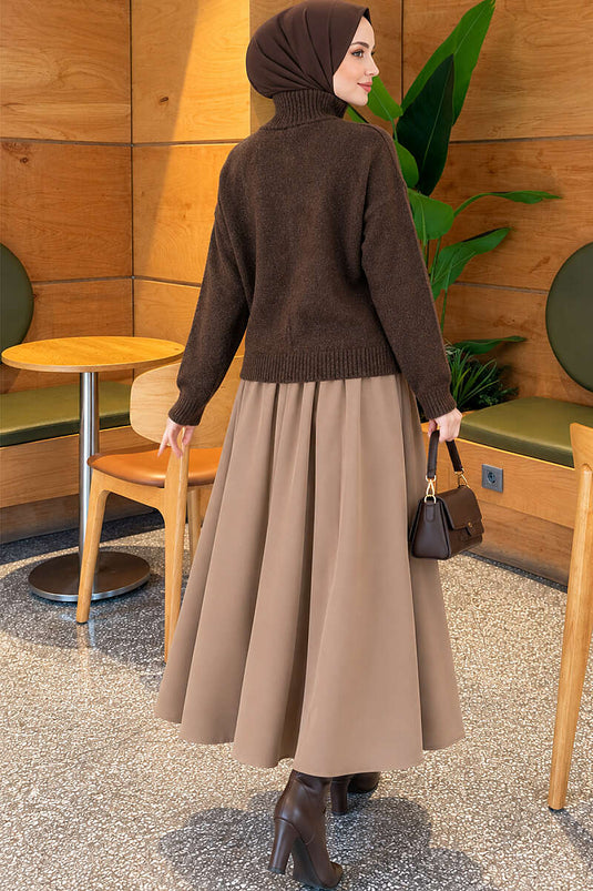 Double Zipper Long Neck Knit Cardigan In Brown