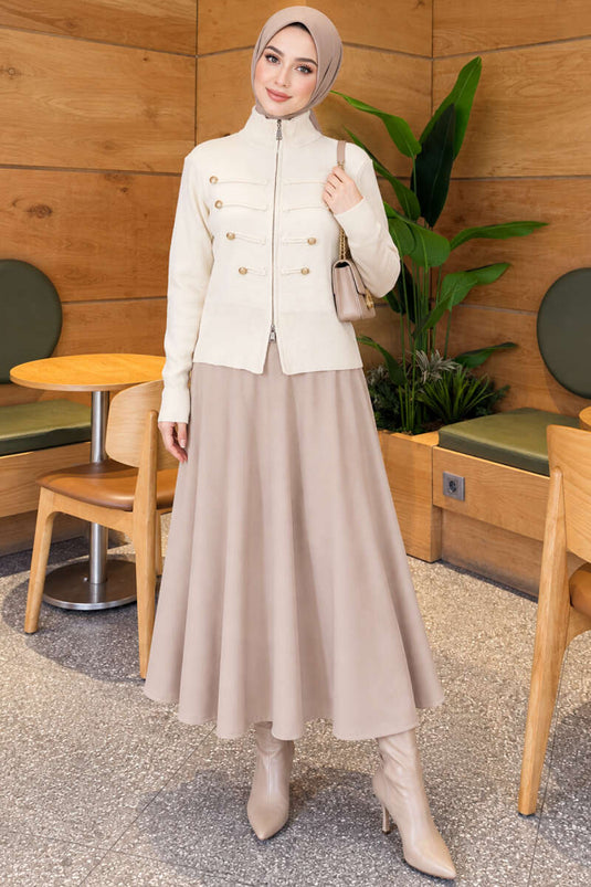 Gilet En Maille Beige À Double Fermeture Éclair Et Boutons