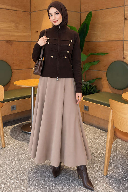 Gilet En Maille Marron À Double Fermeture Éclair Et Boutons