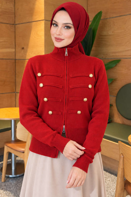 Gilet En Maille Rouge À Double Fermeture Éclair Et Boutons