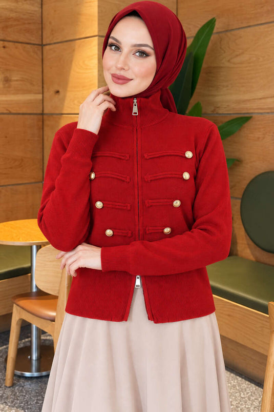Gilet En Maille Rouge À Double Fermeture Éclair Et Boutons