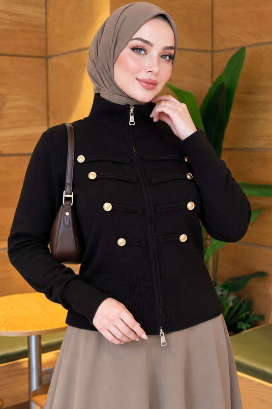 Gilet En Maille À Double Fermeture Éclair Et Boutons Noir