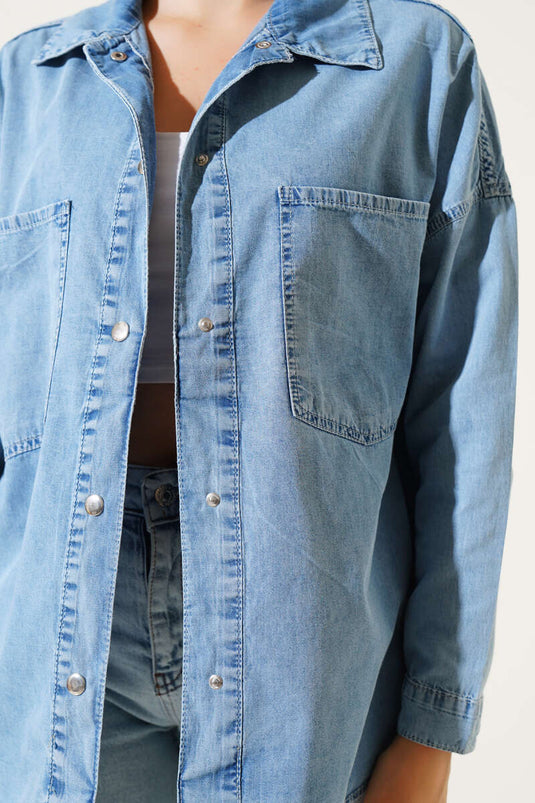 Chemise en jean basique bleue à double poche poitrine