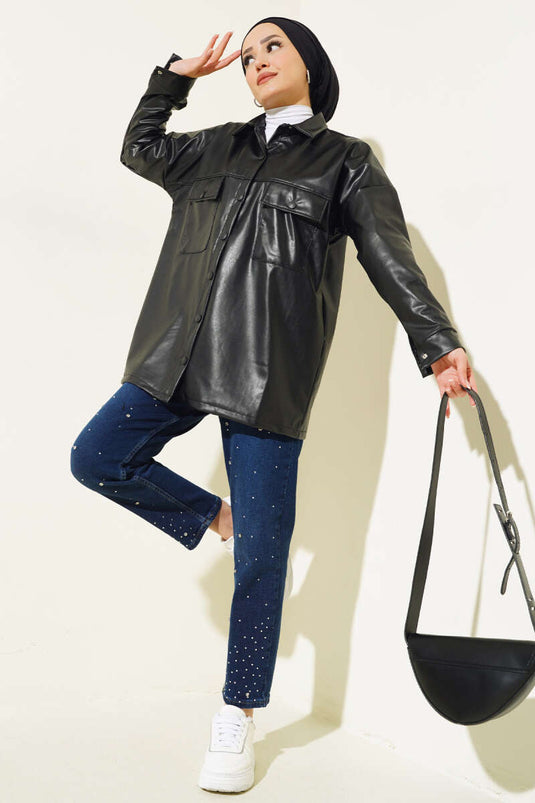 Camisa de cuero negra con doble bolsillo en el pecho