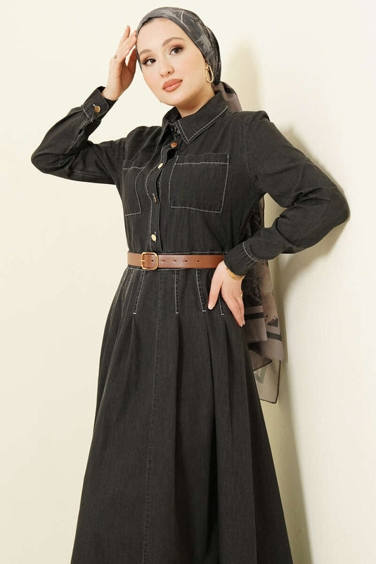 Robe en jean anthracite à double poitrine avec poches et boutons