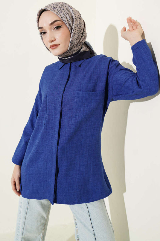 Double Breast Pocket Hidden Button Shirt Blue