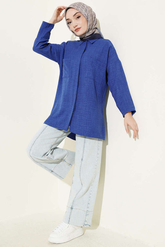 Double Breast Pocket Hidden Button Shirt Blue