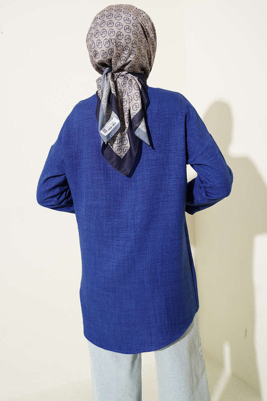 Double Breast Pocket Hidden Button Shirt Blue