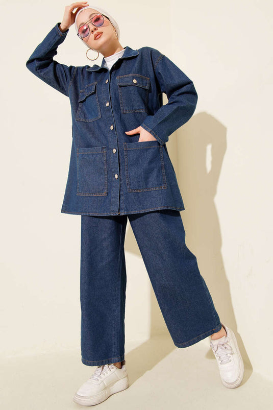 Ensemble Deux Pièces en Jean Bleu Foncé avec Double Poche Poitrine
