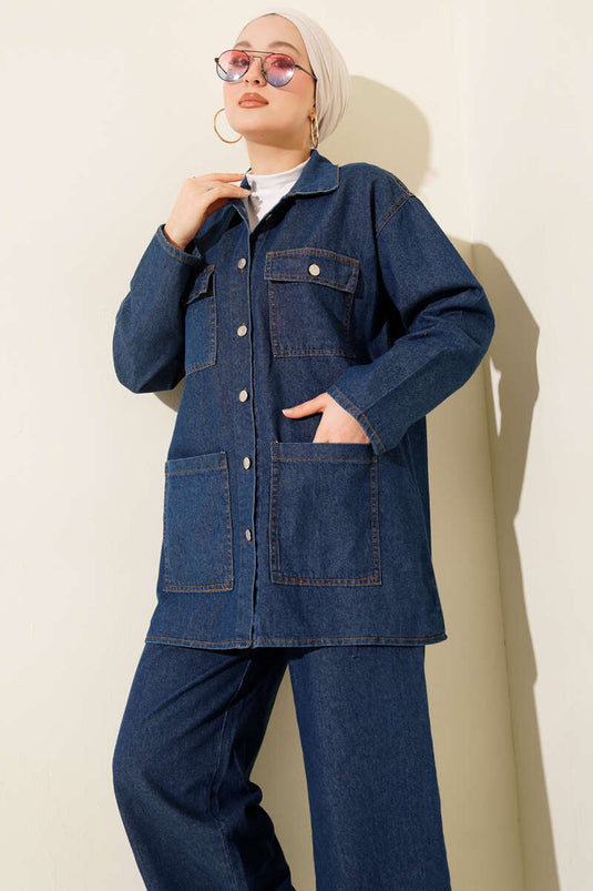 Ensemble Deux Pièces en Jean Bleu Foncé avec Double Poche Poitrine