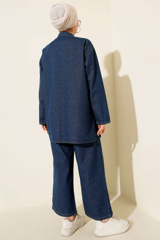 Ensemble Deux Pièces en Jean Bleu Foncé avec Double Poche Poitrine