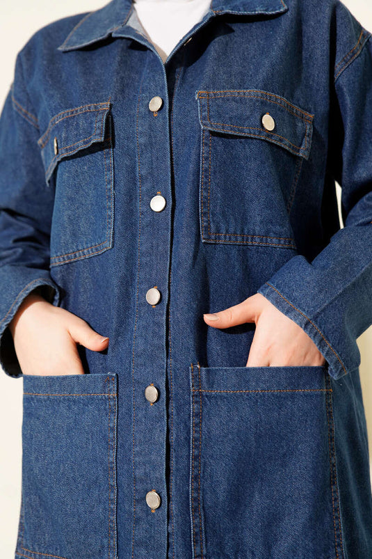 Ensemble Deux Pièces en Jean Bleu Foncé avec Double Poche Poitrine