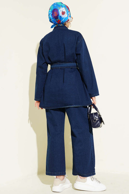 Ensemble deux pièces en jean bleu marine avec double poche poitrine