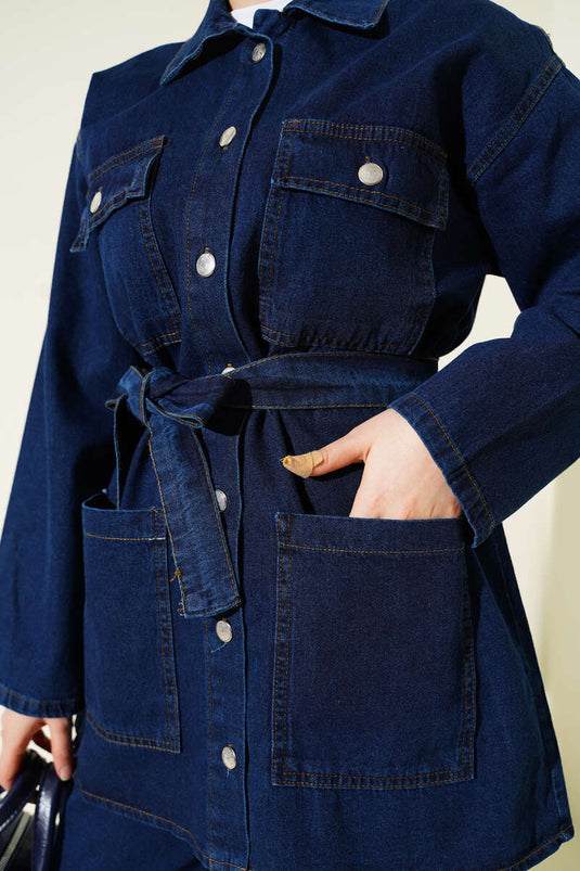 Ensemble deux pièces en jean bleu marine avec double poche poitrine