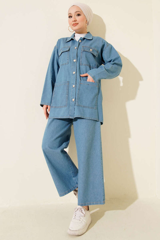 Ensemble deux pièces en jean bleu avec double poitrine et poches