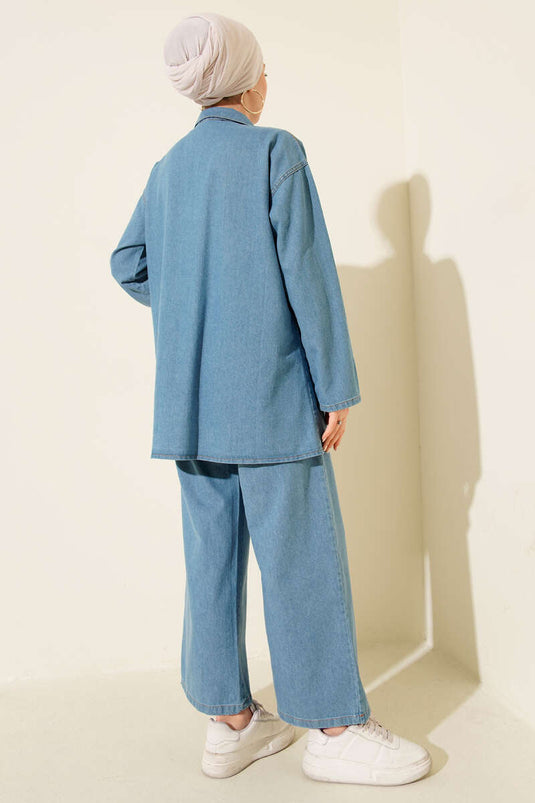 Ensemble deux pièces en jean bleu avec double poitrine et poches