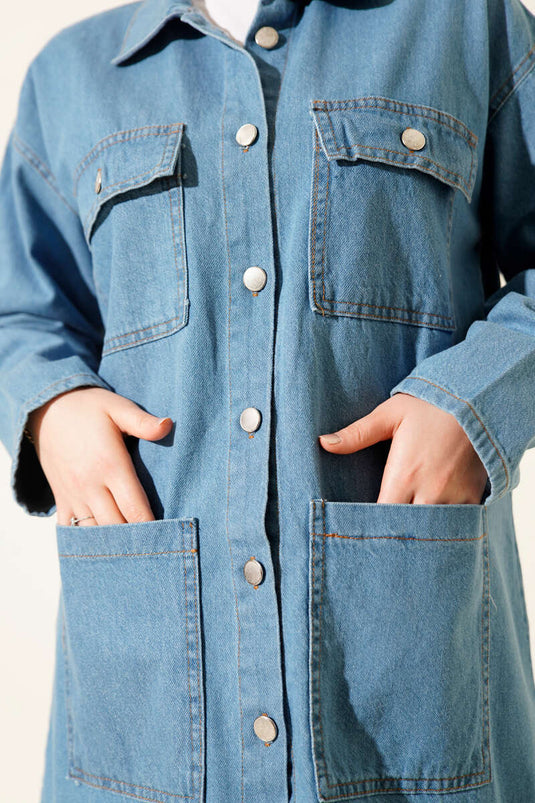 Ensemble deux pièces en jean bleu avec double poitrine et poches