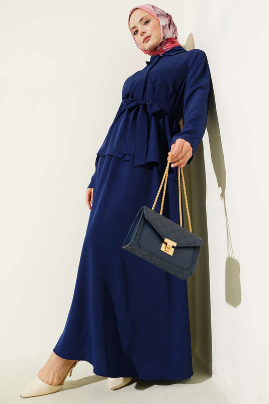 Doppelbrust mit Taschen und Gürtel Rockanzug Marineblau