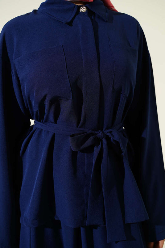 Doppelbrust mit Taschen und Gürtel Rockanzug Marineblau