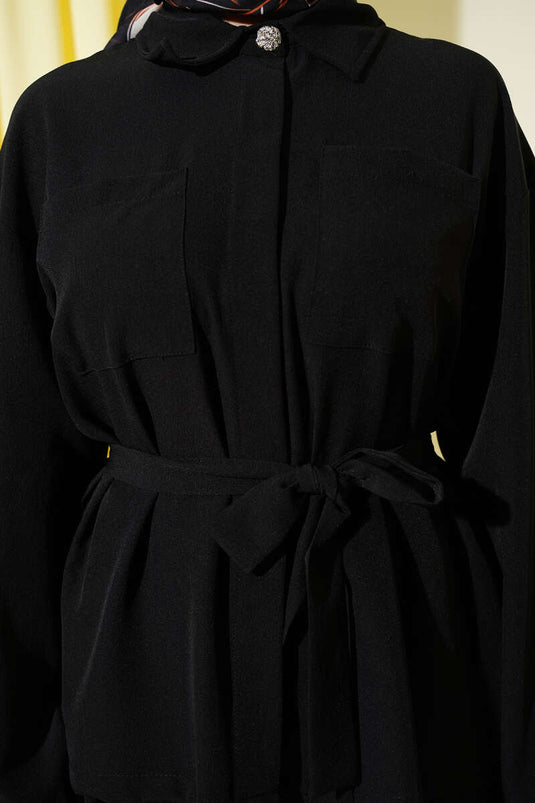 Ensemble jupe ceinturée à double poitrine avec poches noir