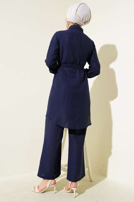 Double Chest Pocket Belted Two Piece Suit Navy Blue