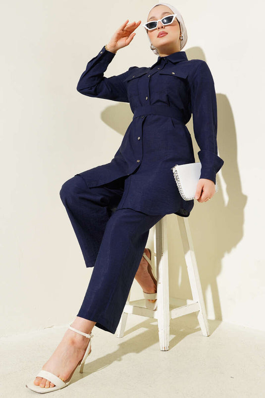 Double Chest Pocket Belted Two Piece Suit Navy Blue