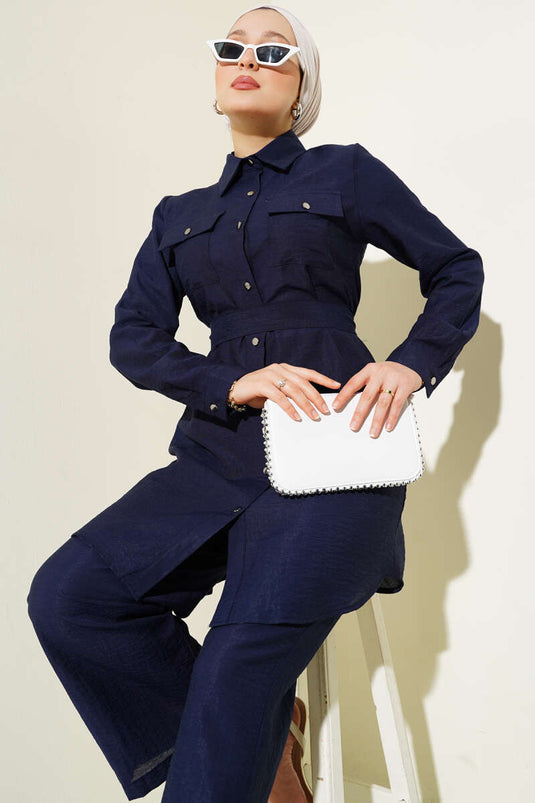 Double Chest Pocket Belted Two Piece Suit Navy Blue