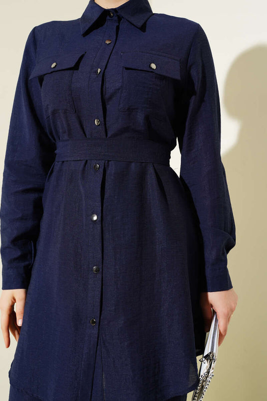 Double Chest Pocket Belted Two Piece Suit Navy Blue