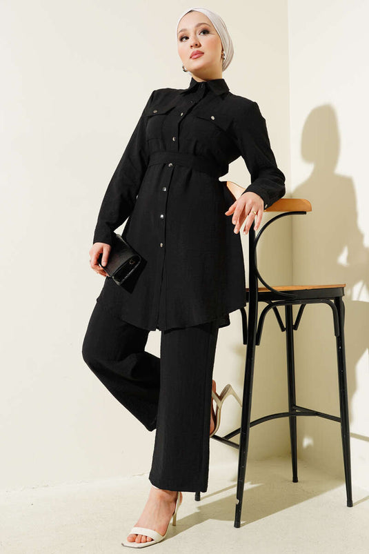 Double Chest Pocket Belted Two Piece Suit Black