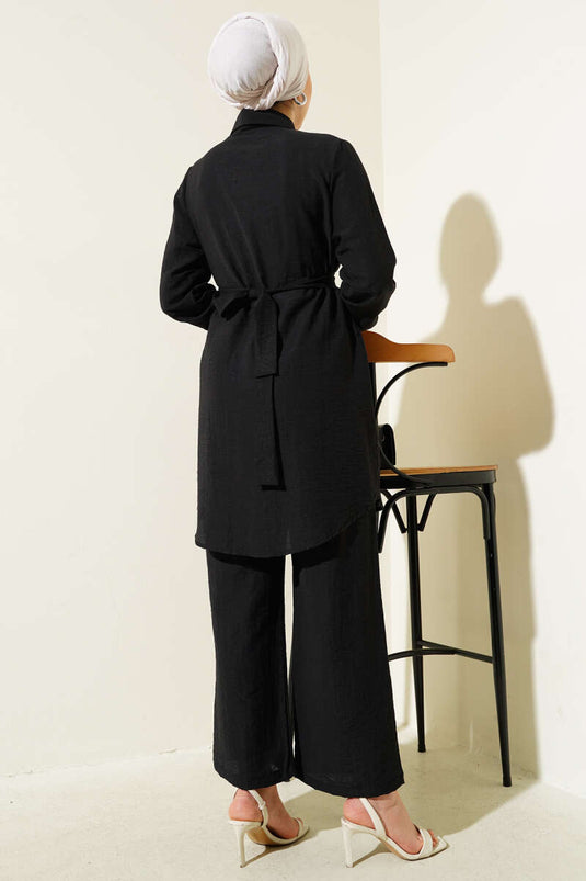 Double Chest Pocket Belted Two Piece Suit Black