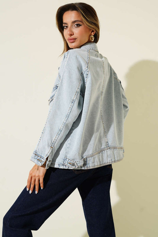 Çift Göğüs Cepli Metal Düğmeli Kısa Kot Ceket Buz Mavisi