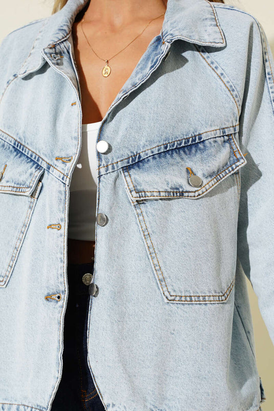 Çift Göğüs Cepli Metal Düğmeli Kısa Kot Ceket Buz Mavisi