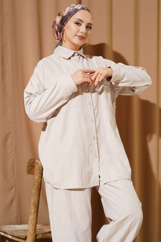 Double Breast Pocket Modal Two-Piece Set Beige