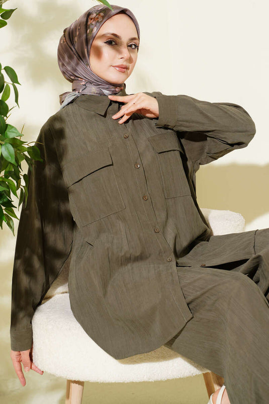 Double Breast Pocket Modal Two-Piece Set Khaki