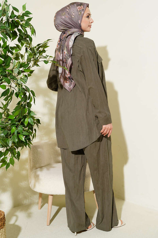 Double Breast Pocket Modal Two-Piece Set Khaki