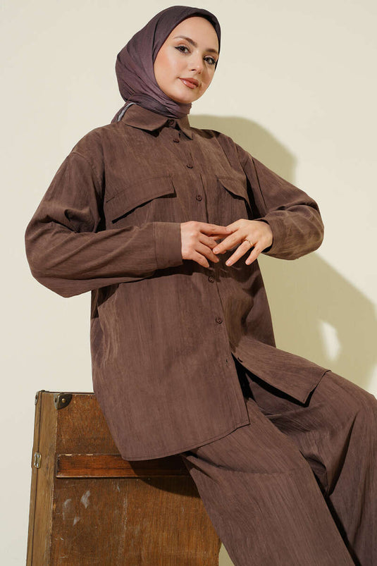 Double Breast Pocket Modal Two-Piece Set Brown