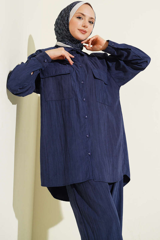 Double Breast Pocket Modal Two-Piece Set Navy Blue