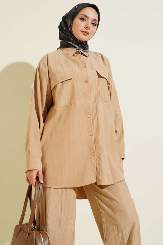 Double Breast Pocket Modal Two-Piece Set Latte