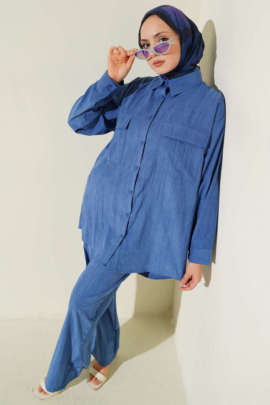 Double Breast Pocket Modal Two-Piece Set Blue