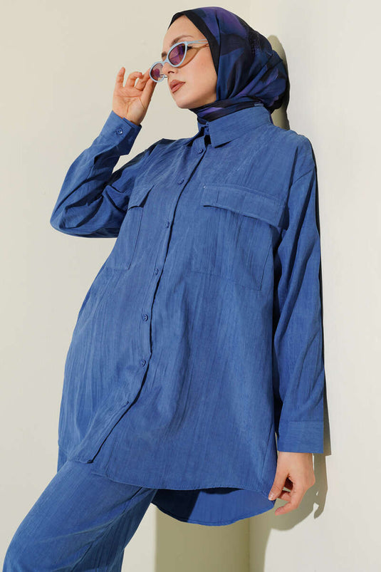 Double Breast Pocket Modal Two-Piece Set Blue