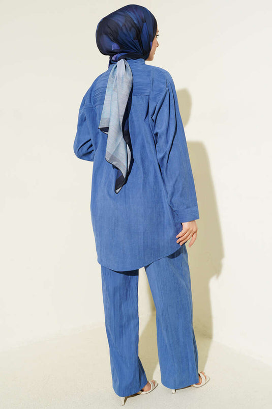 Double Breast Pocket Modal Two-Piece Set Blue