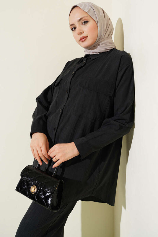 Double Breast Pocket Modal Two-Piece Set Black