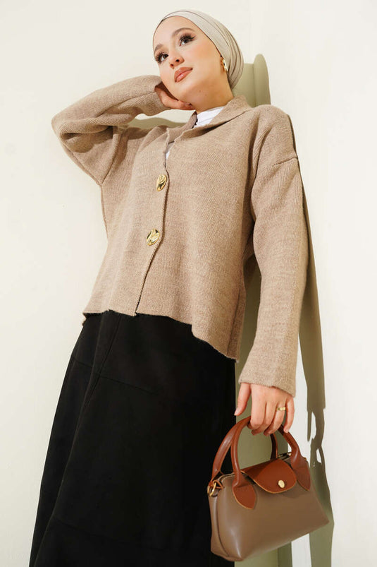 Double Gold Buttoned Short Knit Cardigan Beige
